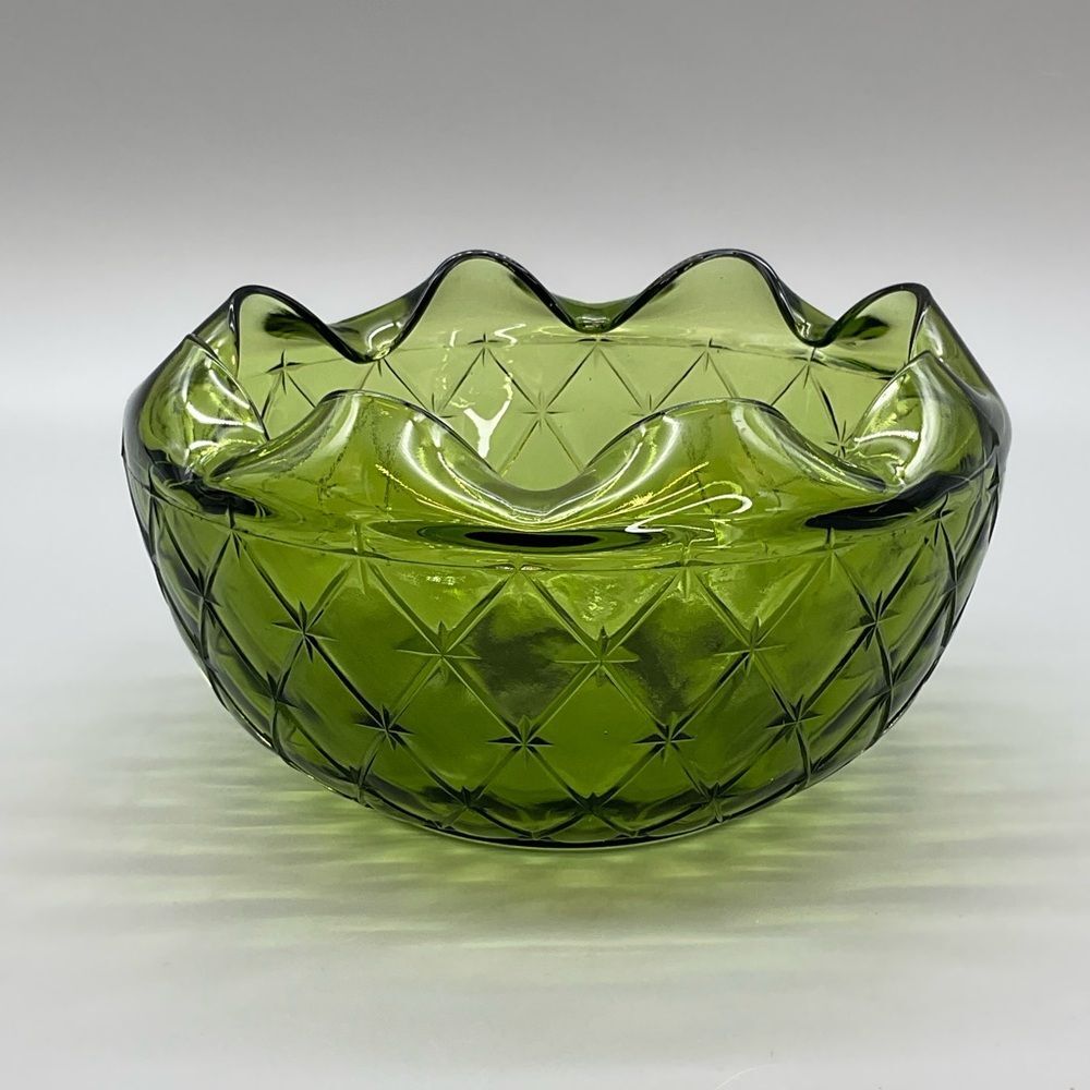 Vintage Indiana Duette Quilted Green Glass Bowl Compote 8" Crimp Scalloped Edge